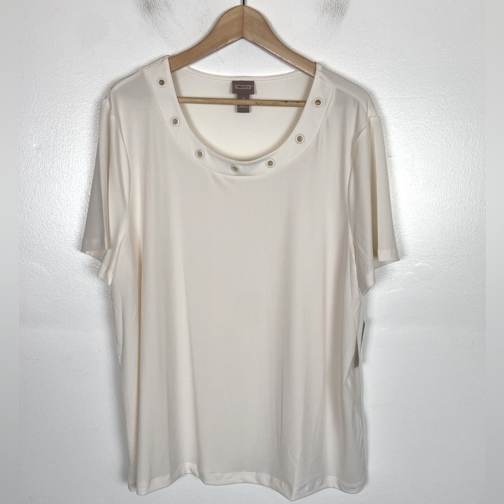 Chico's Apparel Grommet Scoop Neck Top 4 US XXL Cream Liquid Knit Minimalist NWT